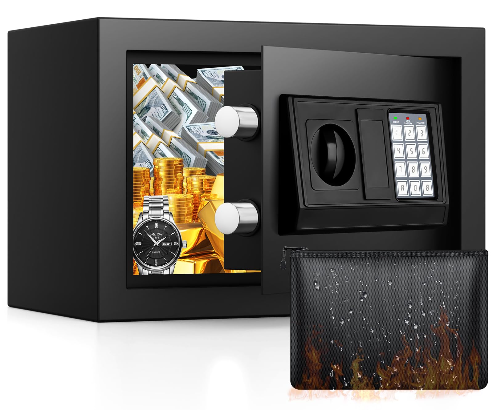 Safe Feuerfest Wasserdicht, Elektronischer Safe Tresor mit Zahlencode, Feuersichere Dokumententasche, Herausnehmbarem Regal, Wandtresor Möbeltresor für Schmuck Bargeld Medikamente Dokumente