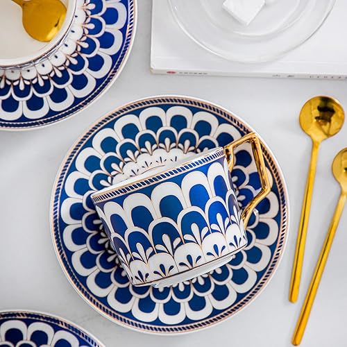 Miniatura 4 de Juego de tazas de café de cerámica de estilo europeo, 7 onzas de porcelana de hueso exquisitamente esmaltada azul y dorado, juego de té para fiesta