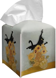 Vintage Black Cat Sunflowers Tissue Box Cover Square | 5.2 Inch square tissue box cover, sunflower black cat print for bathroom, bedroom, living room, vanity, or countertop decor