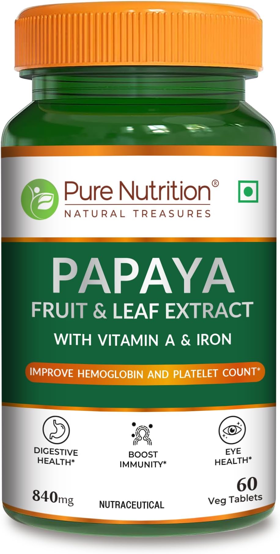 Pure Nutrition Papaya Leaf & Fruit Extract, 60 Veg Tablets | With Vitamin C & Iron for Platelet Count, Dengue Relief, Immunity Boost & Better Digestion