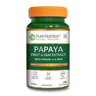 Pure Nutrition Papaya Leaf & Fruit Extract, 60 Veg Tablets | With Vitamin C & Iron for Platelet Count, Dengue Relief, Im