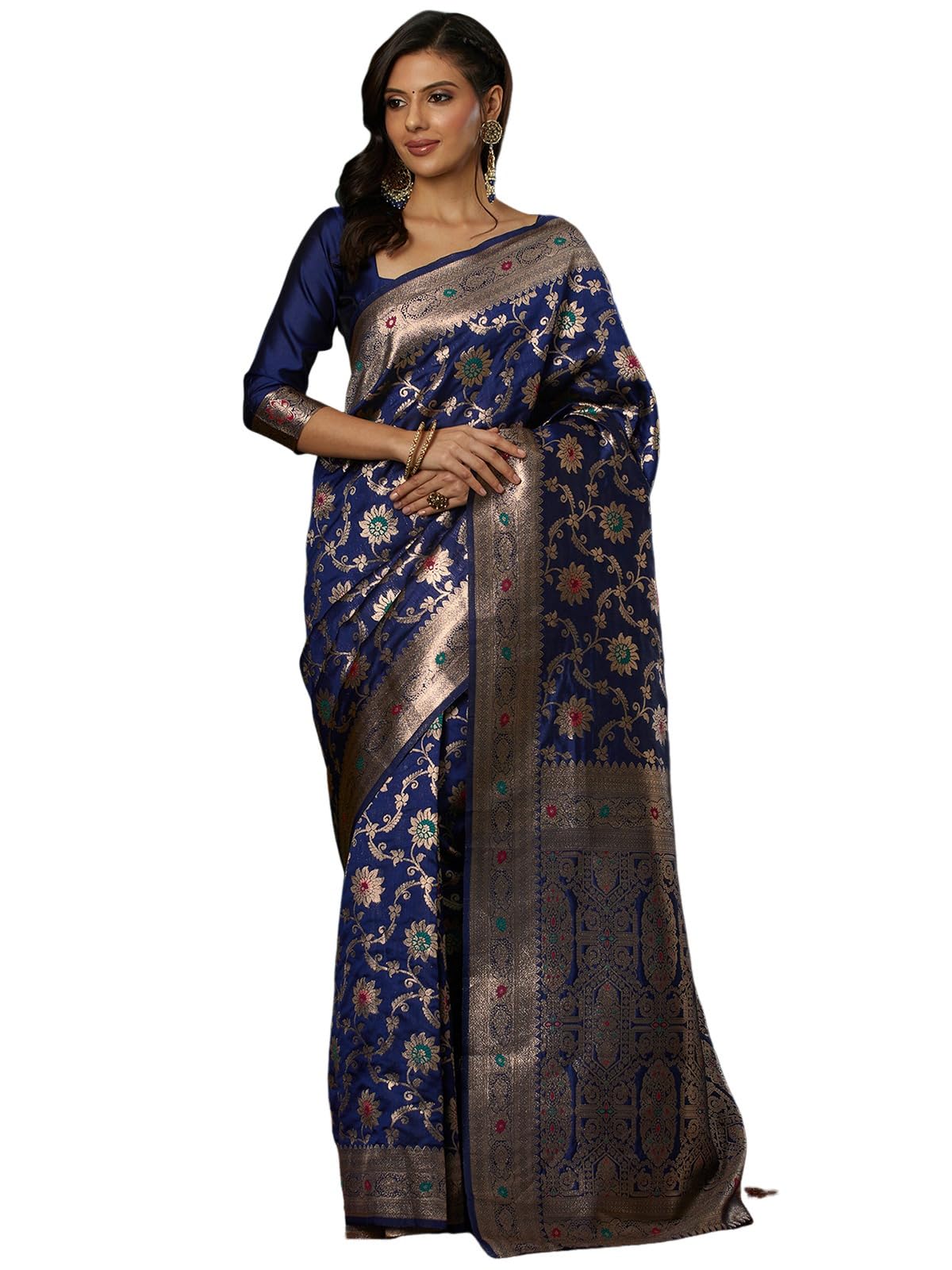 Satrani Women's Silk Blend Weaving Banarasi Saree With Unstitched Blouse Piece (4106S752N_Navy Blue1)