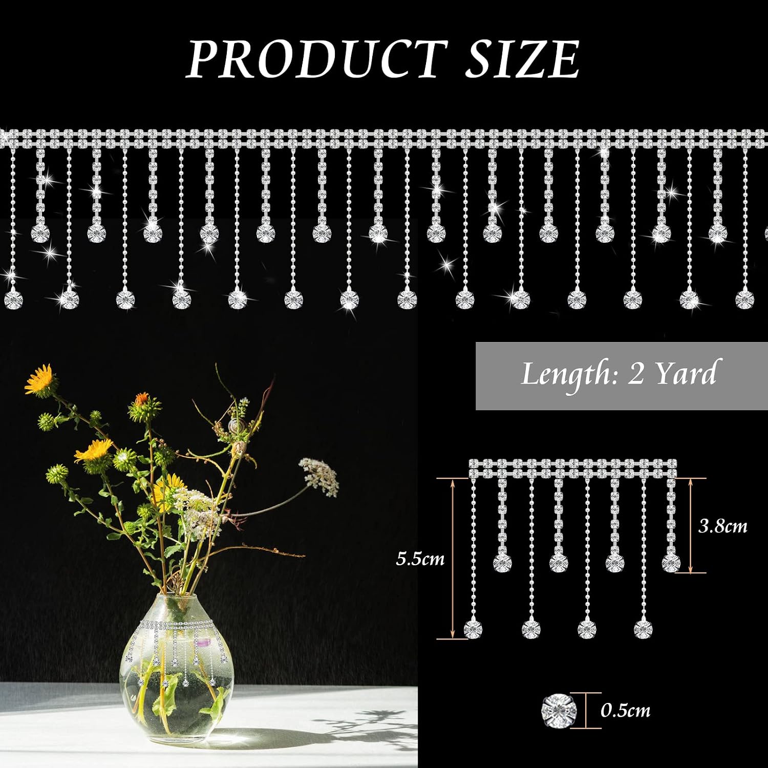 2 Yard Rhinestone Fringe Chain, AngleKai Crystal Rhinestone Ribbon Tassel Chain, Shining Fringe Trim Ribbon for Decoration Clothing