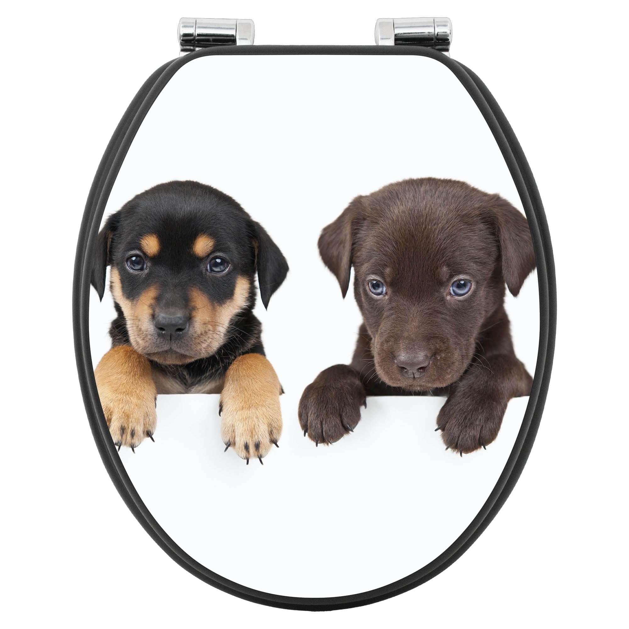 banjado WC Sitz Hunde - mit Absenkautomatik - 38 x 46,5cm O-Form - MDF Holz Toilettendeckel anthrazit - Klositz grau pflegeleicht für Badkomfort - Motiv Puppies