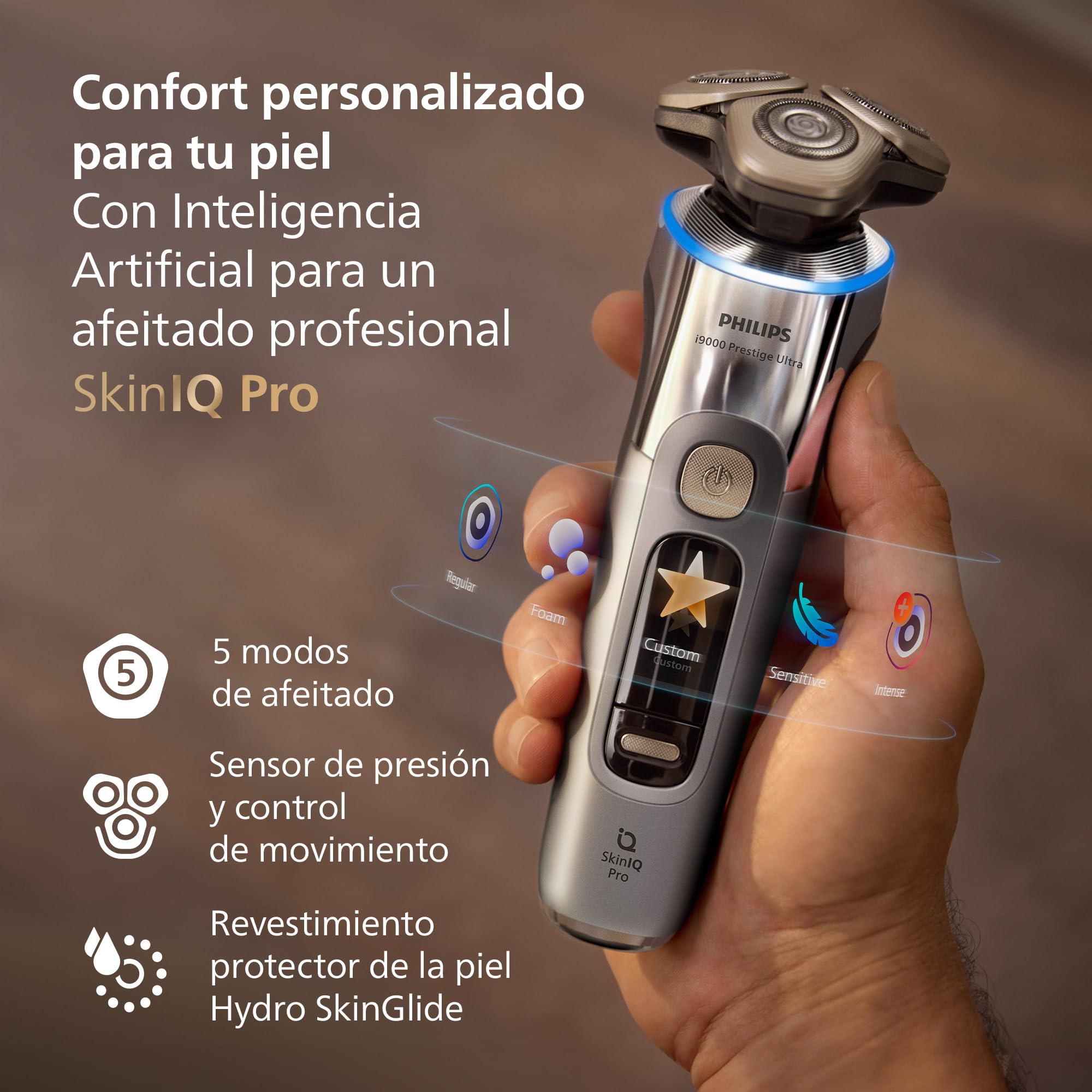 Philips i9000 Prestige Ultra, Afeitadora Eléctrica Hombre, Máquina de Afeitar Barba Seco y Húmedo, SkinIQ Pro, Base de Carga, Recargable, Estuche, Centro de limpieza, Recortador, Naricero, XP9404/38