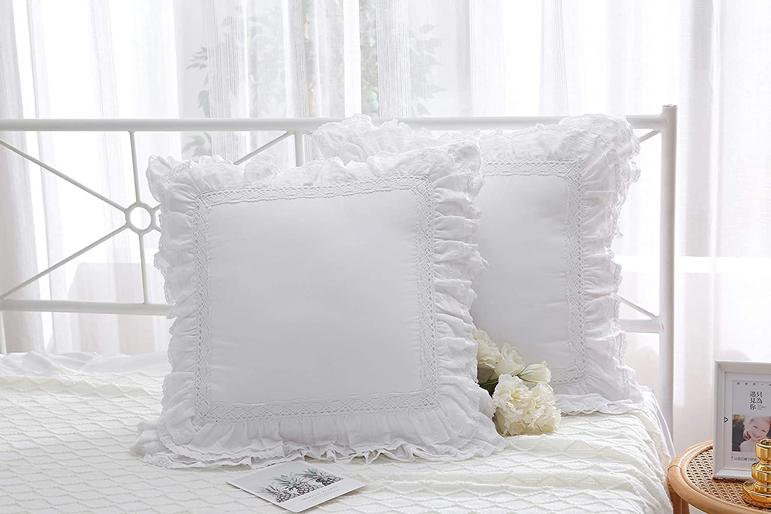 Juego de 2 Fundas de cojín de Encaje Blanco con Volantes de algodón, 55,9 x 55,9 cm, Cremallera