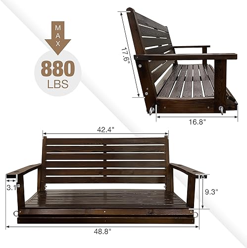 Miniatura 6 de Columpio de madera para porche, asiento ergonómico, columpio de banco con cadenas colgantes y resortes de 0.276 in, resistente, 800 libras, para