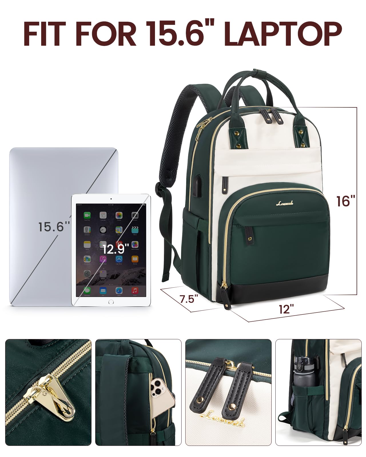 LOVEVOOK Laptop Backpack for Women Waterproof 15.6 inch Work Bag Womens Rucksack with Anti-theft Zipper & USB Port - Image 2
