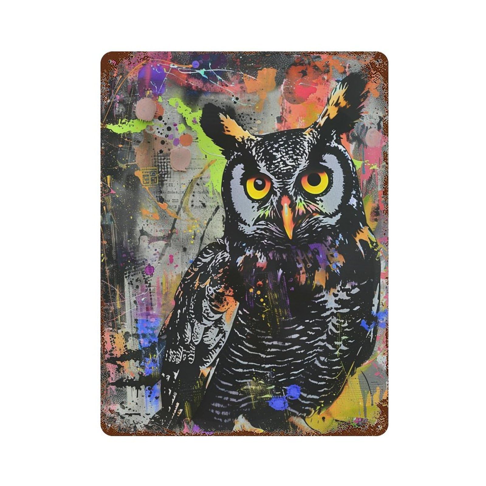 Garage Style Colorful Owl Art Print -1 Distressed Metal Wall Sign 15.7"x11.8", Shabby Chic Decor for Bar And Workshop
