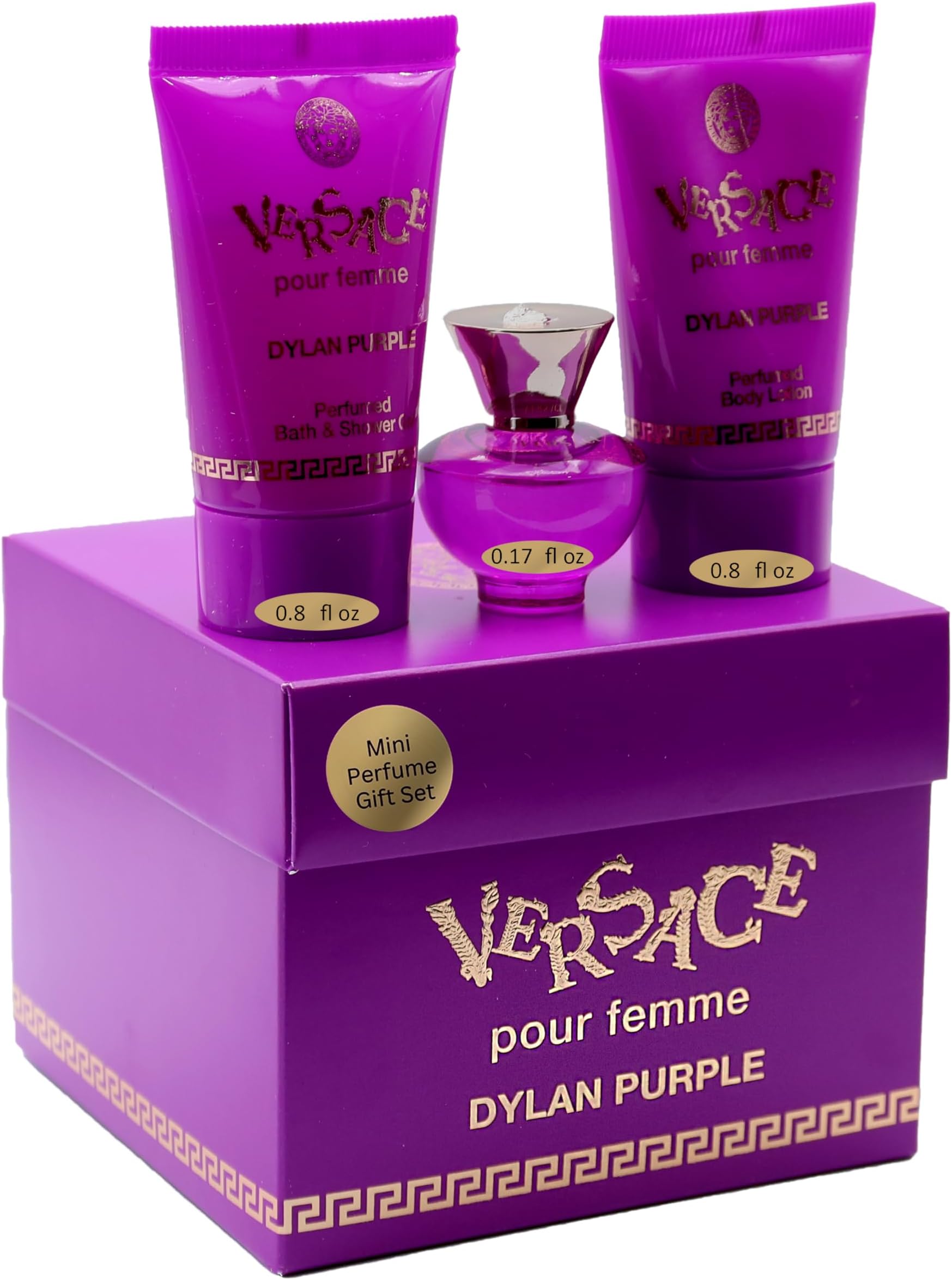 Versace Dylan Purple for Women 3 Piece Set Includes: 0.17 oz Eau de Parfum + 0.8 oz Perfumed Bath Shower Gel + 0.8 oz Perfumed Body Lotion
