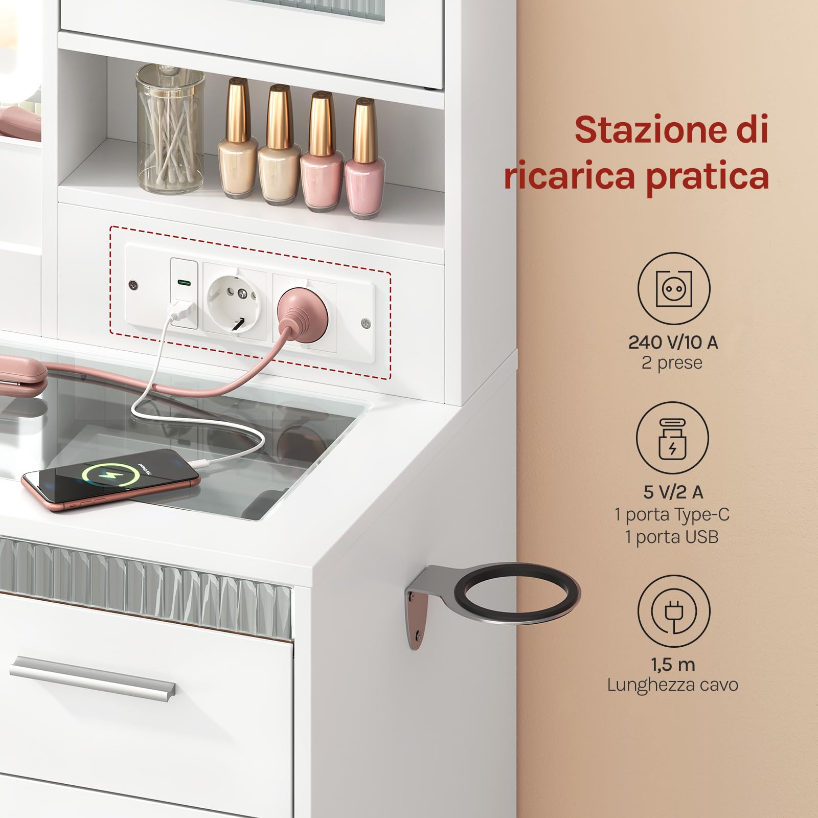 WOLTU Toeletta con Specchio e LED Regolabili, 2 Armadietti con Ante e Luci RGB, 9 Cassetti e Multipresa, Piano in Vetro Temperato, Postazione Trucco, per Camera da Letto, Cabina Armadio, Bianco
