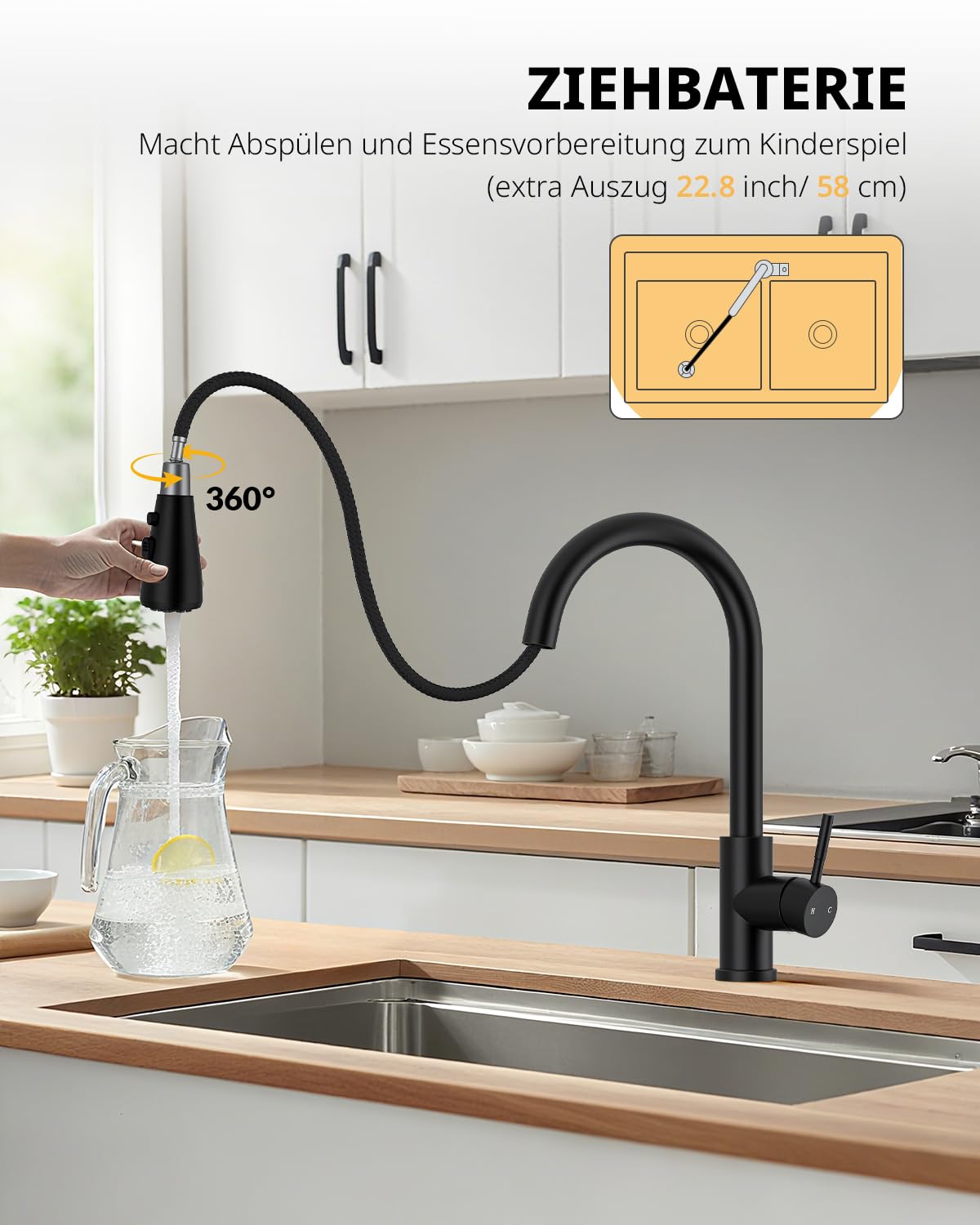 Hiqufet Küchenarmatur, Ausziehbarer Wasserhahn mit Edelstahl-Sprühbrause und 3 Sprühfunktionen, 360° schwenkbar, Einhebelmischer, Matt Schwarz