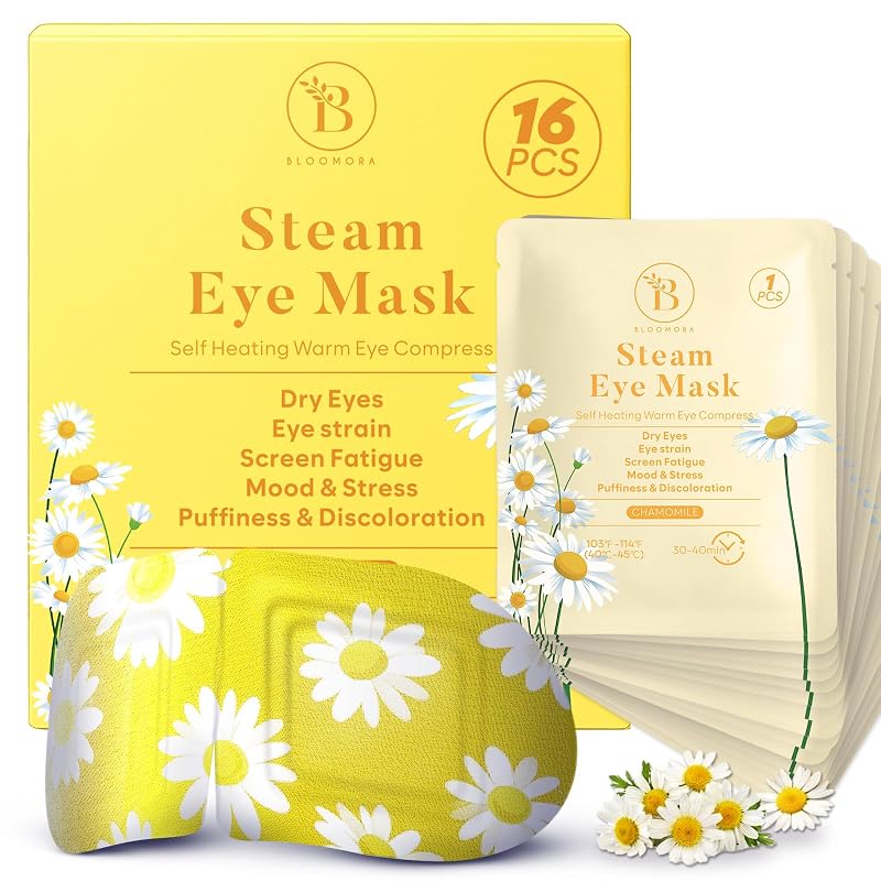Máscara térmica para os olhos BLOOMORA com camomila, aquecimento automático, Pacote com 16