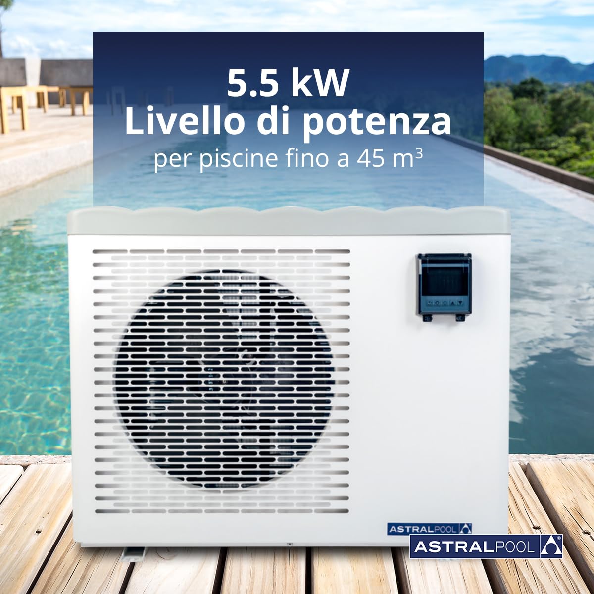 Eco Elyo-07 76558 Pompa di calore per piscina - Riscaldatore per piscina - Temperatura dell'acqua ideale - 6 livelli di potenza - Riscaldamento silenzioso ed energetico - 5,5 kW - Astralpool