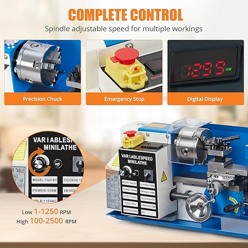 Miniatura 5 de Mini máquina de torno de metal, 7 x 14 pulgadas, torno de metal de potencia de sobremesa de precisión de 550 W, velocidad variable continua de