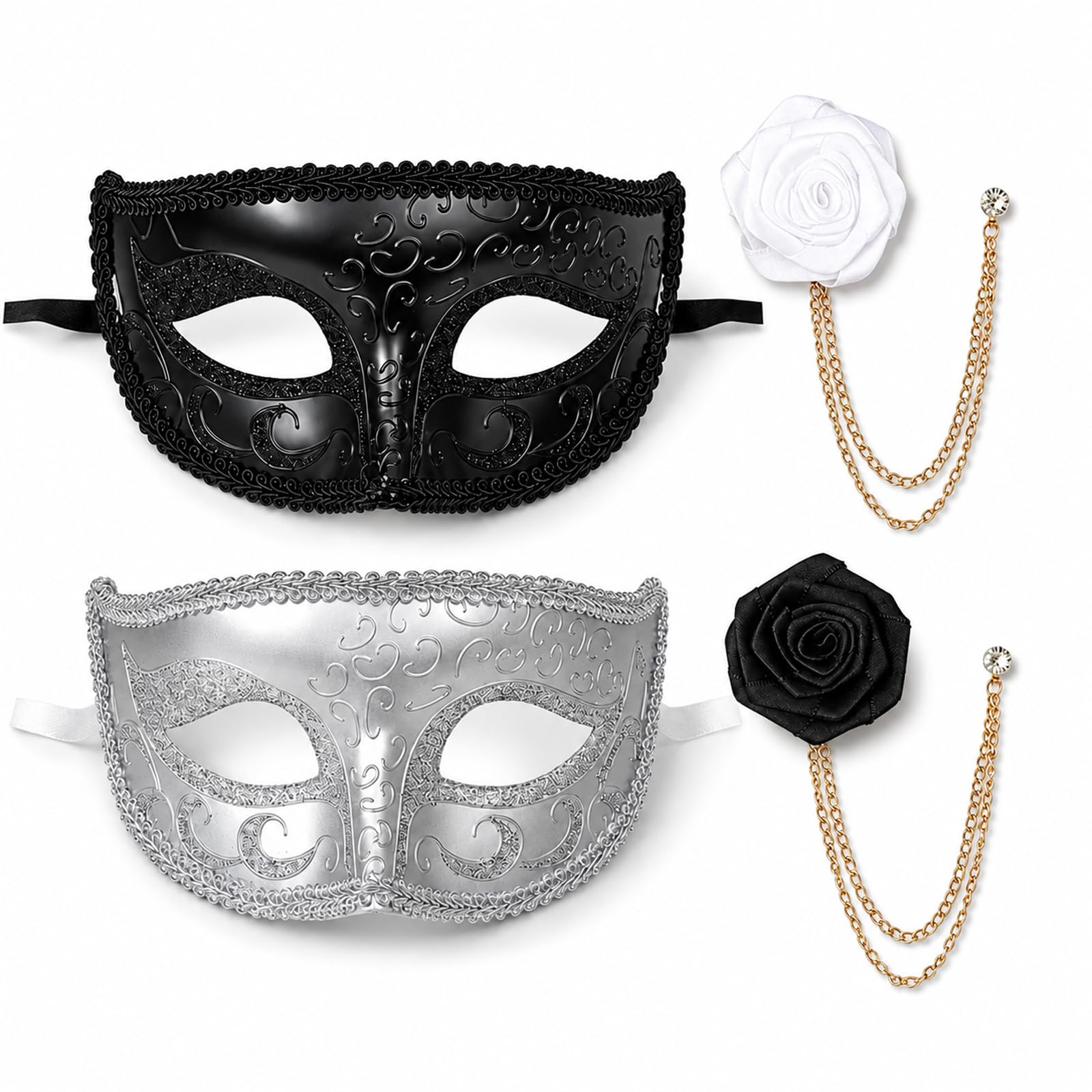 XLTXWD 4Pcs Masquerade Masks Men, Elegant Venetian Style Masquerade Mask Set with Adjustable Fit for Formal Events and Costume Parties, Complete Collection with Two Masks and Two Decorative Flowers