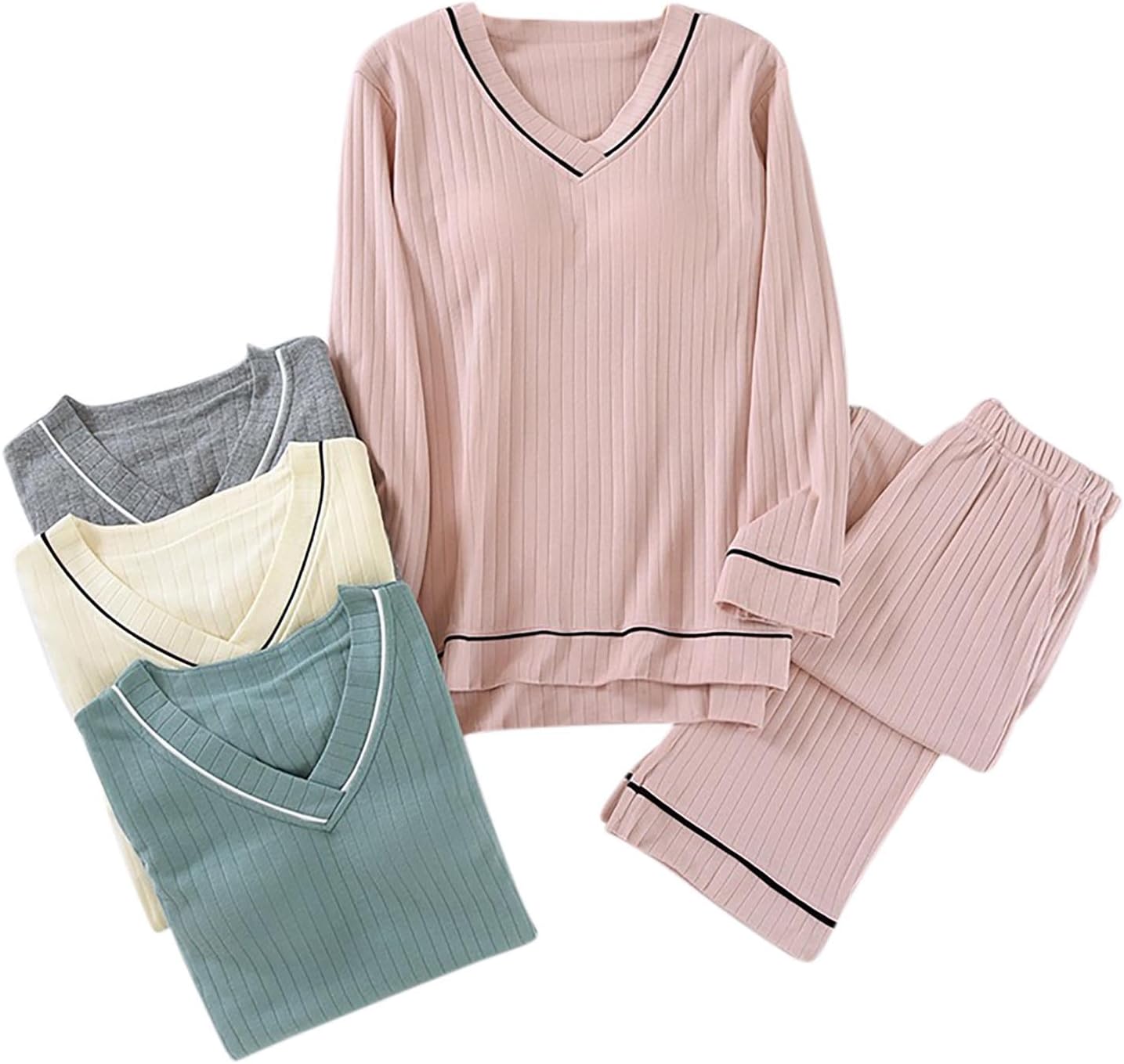 Mzkdieey Lounge Sets for Women Ribbed Knit Outfits V Neck Long Sleeve Top Pants Matching Set 2024 Fall Outfits Clothes