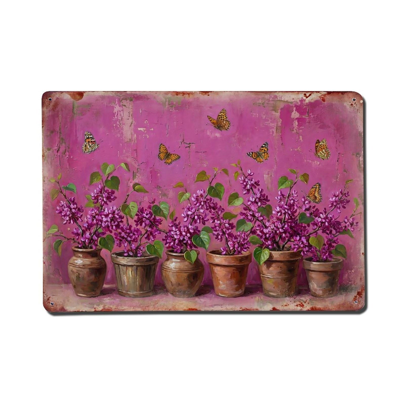Vintage Rustic Flower Potted Plants Redbud Metal Tin Sign