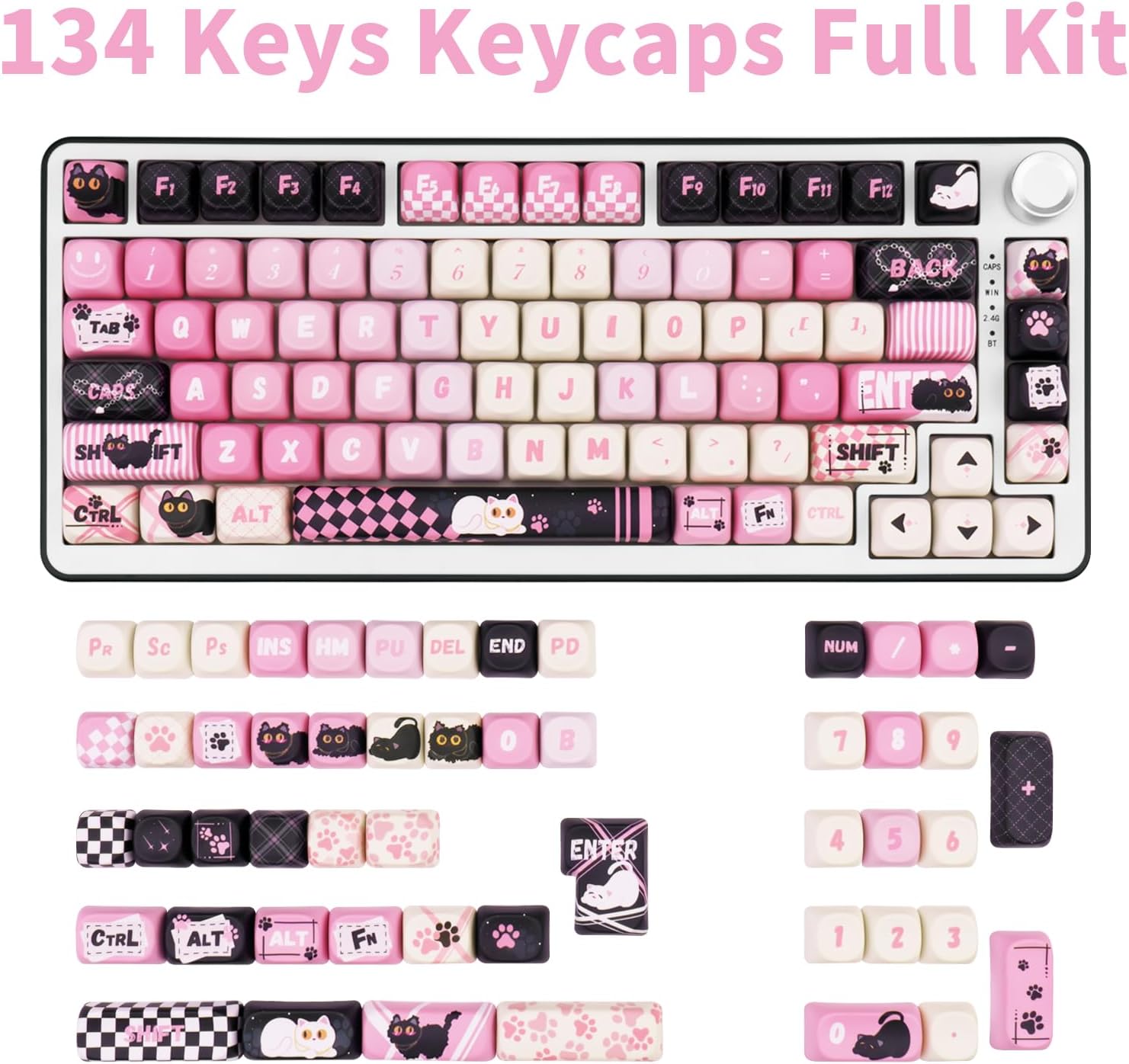 MOA Profile PBT Keycaps 134 Key PBT Dye-Sublimation Keycaps with Black & Pink Cute Cat Custom Keycap Set for Cherry Gateron MX Swithes Mechanical Keyboards