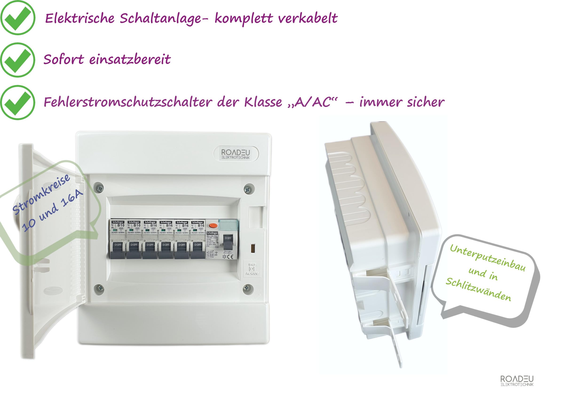RoadEu - Leitungsschutzschalter - Sicherungskasten Komplett mit Fi Schutzschalter - "B" 16A Sicherungsautomat und 10A 4+2 - Verteiler Unterputz