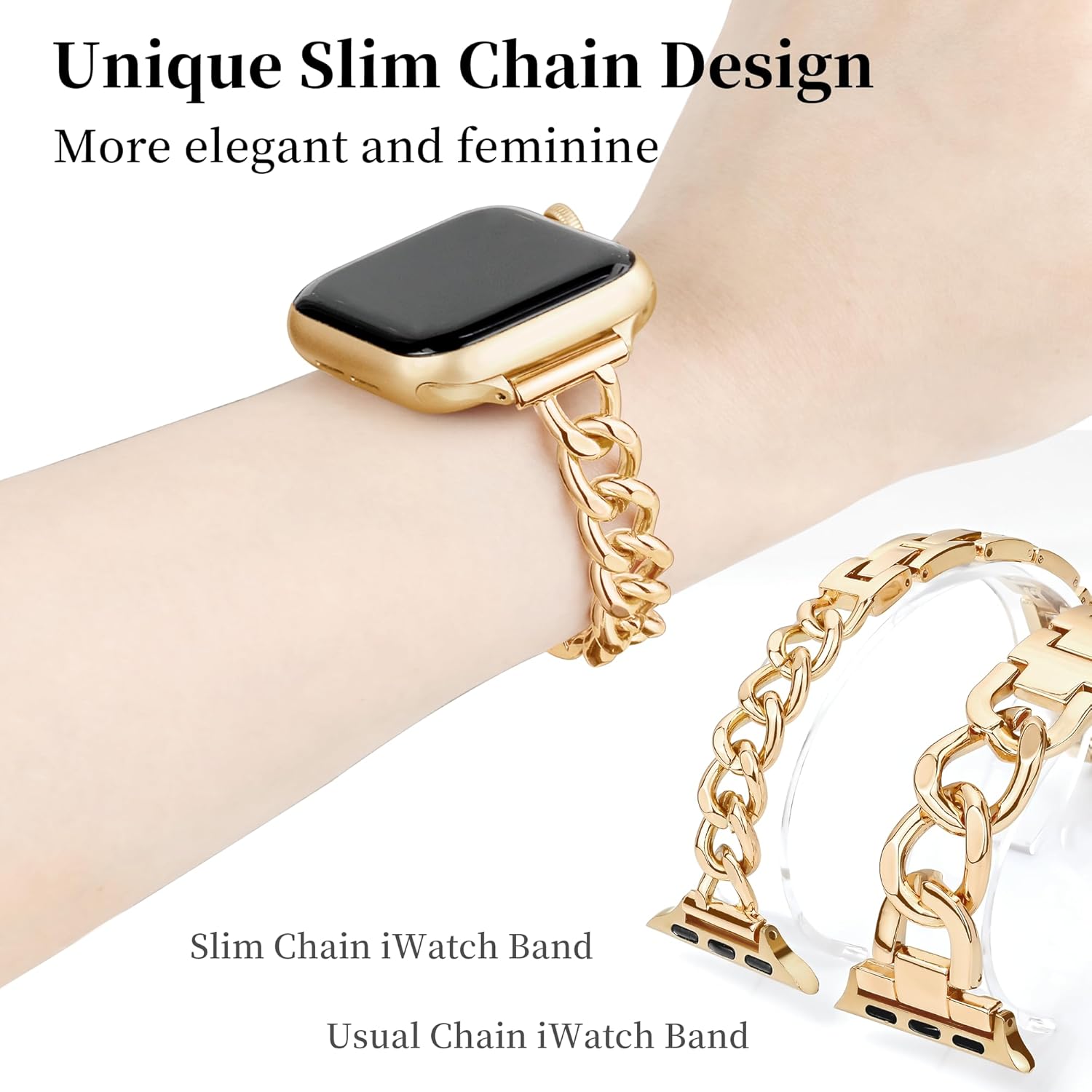 Slim Metal band Compatible with Apple Watch Bands for Women 38mm 40mm 41mm 42mm 44mm 45mm 46mm, Dressy Designer Strap Single Chain Wristband Thin iWatch Bands for Series 11 SE 10 9 8 7 6 5 4 - Image 2