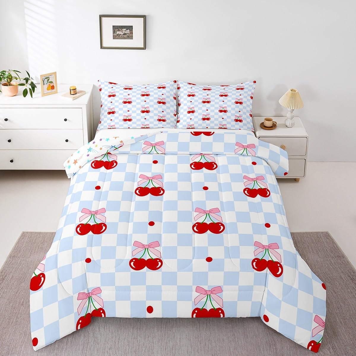 Pink Bowknot Kids Comforter Set Full Size,Bow Tie Cherry Tropical Fruit Cartoon Bedding Set,Girls Women Room Decor,Geometric Checkered Patchwork Down Comforter,Blue Chic Duvet Insert,2 Pillowcases