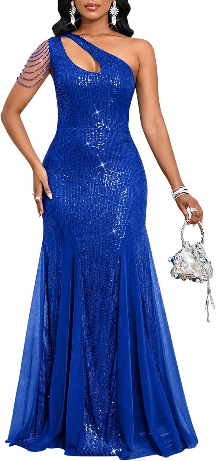 Cololura Women One Shoulder Sequin Formal Dress with Tulle Hem - Elegant Cutout Mesh Mermaid Flare Party Evening Gown