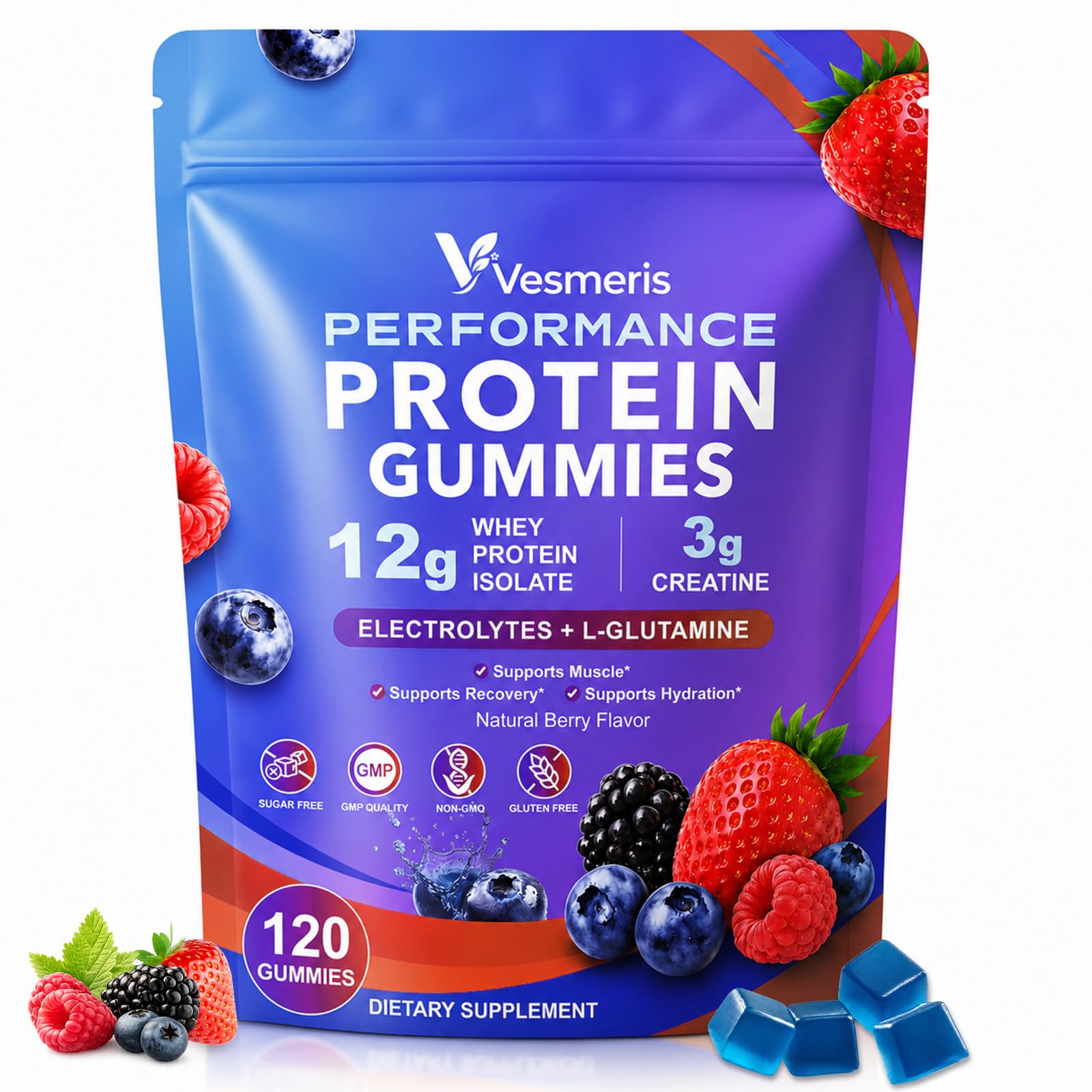 Vesmeris Gomas de Proteína Whey com Creatina, Eletrólitos e L-glutamina, 12 g por porção, 120 gomas
