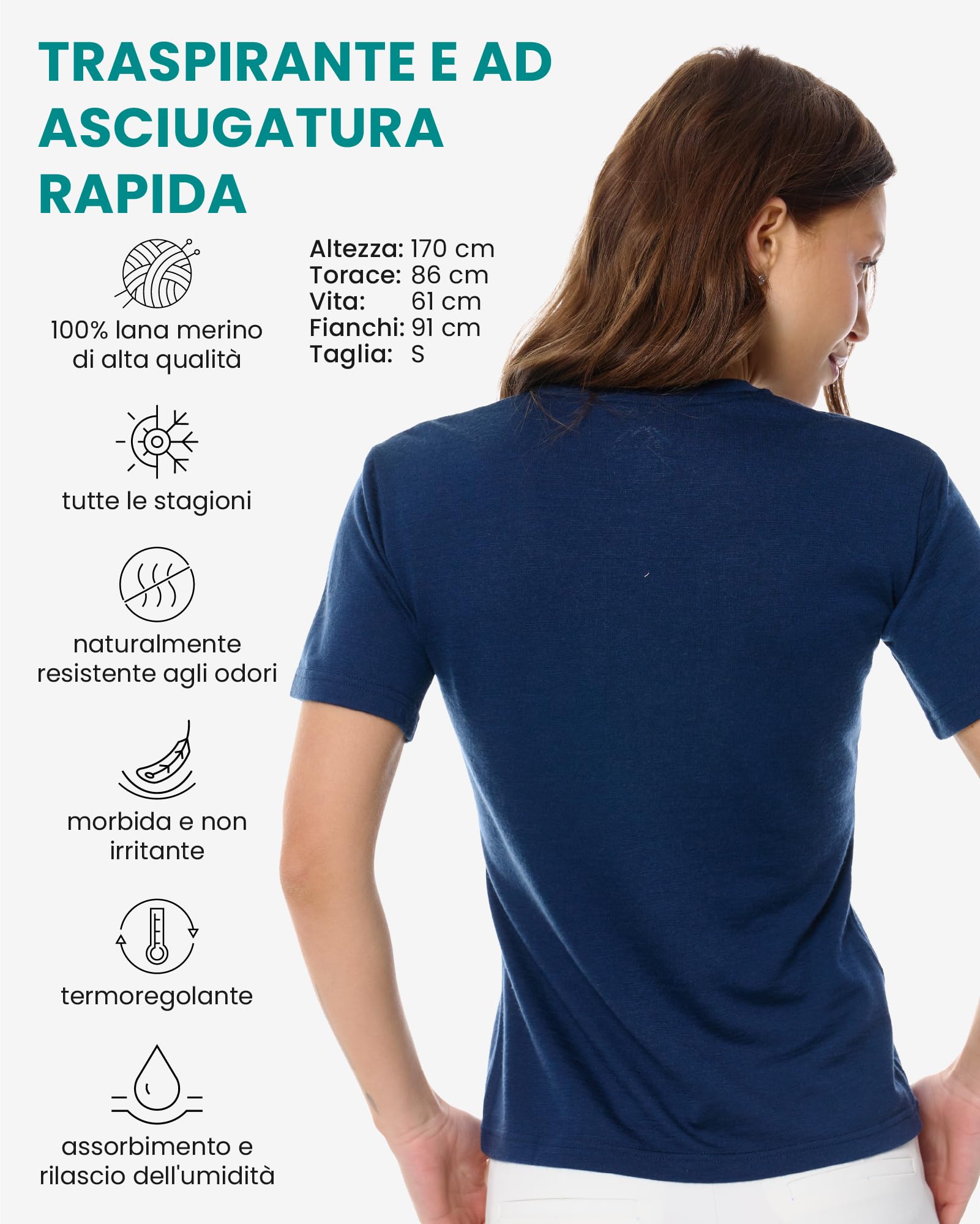 Merino.tech Maglietta Merinos Donna - 100% Maglia Termica Manica Corta in Lana Merinos con Calzini