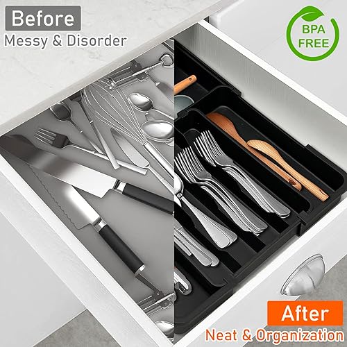 Miniatura 5 de Organizador de cubiertos Organizador de cajones de cocina expandible, organizador de cajones de utensilios, soporte ajustable de plástico para