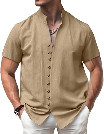 Mens Linen Shirt Short Sleeve Button Down Collar T Shirt Big and Tall Tops V Neck Casual Solid Summer Beach Blouses