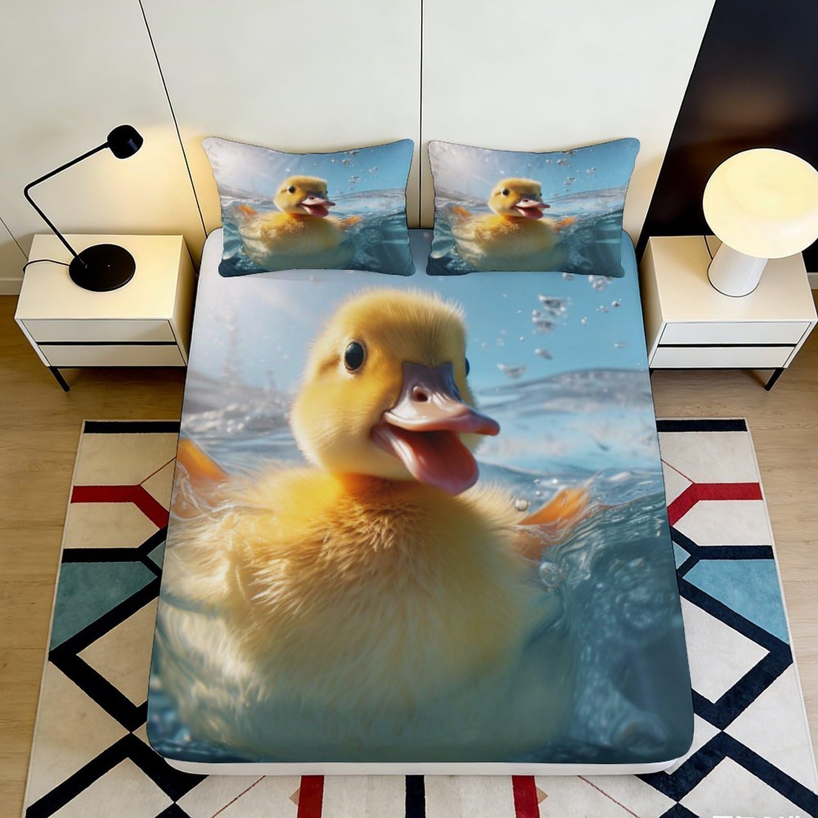 3D Printed Yellow Duck Fitted Sheet Microfiber Soft Cartoon Water Pattern Mattress Cover for Bedroom Guest Room Dorm Decor 90x200x25cm