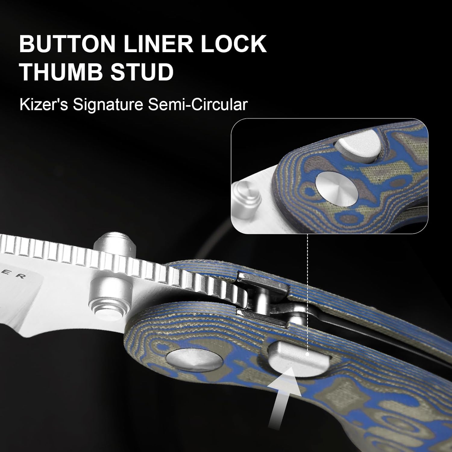 Kizer Microbe EDC Pocket Knife, 2.19" 14C28N Steel Drop Point Folding Knife with Blue vortex pattern micarta Handle, Thumb Hole Opener Button Liner Lock, Pocket Knives for Camping Hiking V2742A6