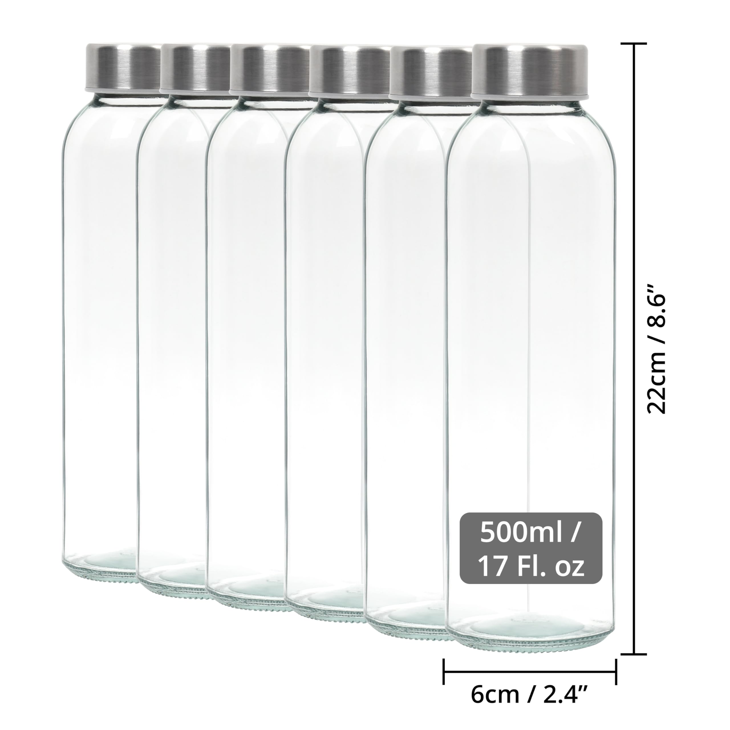 Winter Shore Botellas Cristal Reutilizable de 500 ml [Pack de 6] - Botella Vidrio Transparente para Bebidas Frías y Calientes, Zumos, Batidos, Smoothie - Prueba de Fugas con Tapas de Acero Inoxidable