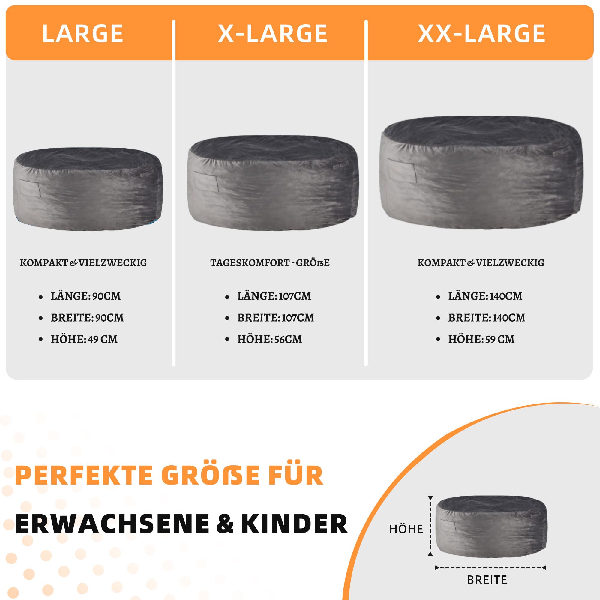 Kasunpul Sitzsack Stuhl Sitzsack Stühle für Erwachsene Riesen Sitzsäcke mit Samtbezug Bean Bag Flauschige Sitzsäcke für Wohnzimmer, Schlafzimmer, Grau, 90 x 90 x 49cm