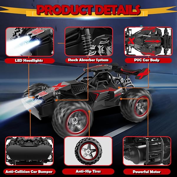 Voiture télécommandée pour enfants de 3 4 5 6 7 ans et plus, 15 km/h avec lumières, 2,4 GHz Voiture RC 2WD pour jouets cadeau garçon fille Noir/rouge - 3