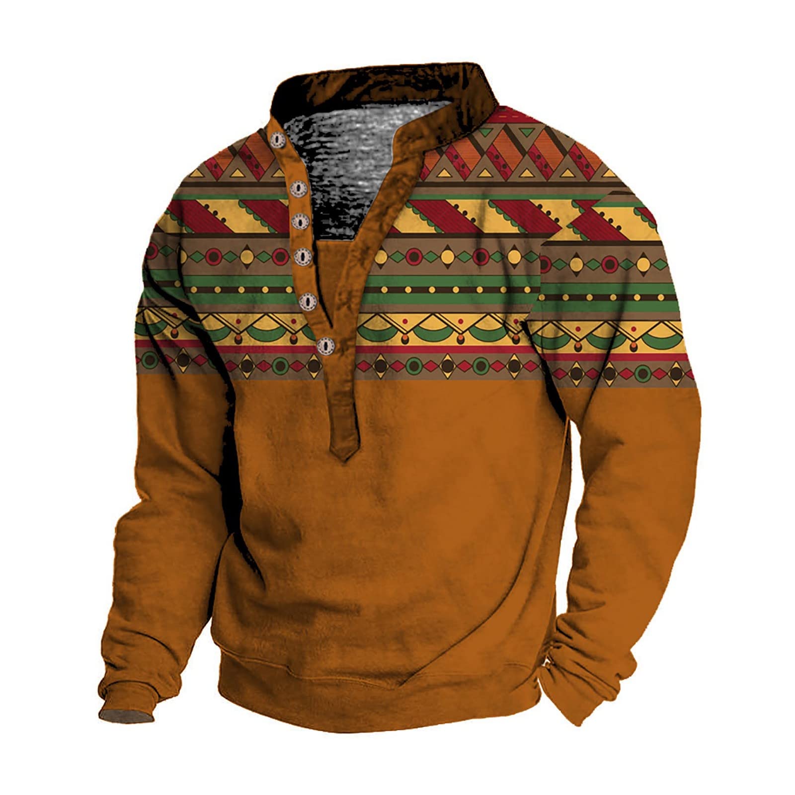 FlekmanArtMens 3D Digital Printing Sweatshirt Fashion Button Down V-Neck Sweater Stand Collar 6 Button Vintage Pullover