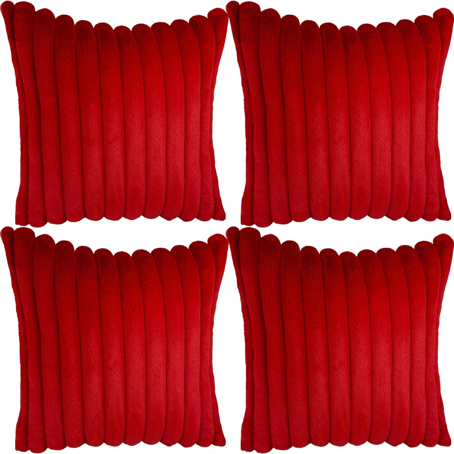 4 Pack 20x20 Pillow Cover Velvet Pillow Covers, Faux Fur Square Throw Pillow Covers for Living Room Decorations Throw Pillow Case, Throw Pillow Cover Cushion Cover for Home Sofa Bedroom Car, Red