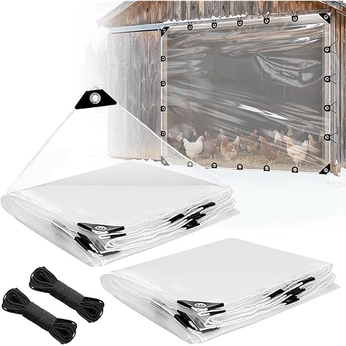 8x10ft Anti-Tear Clear Tarp Waterproof for Patio Winterizing - 2pcs Windproof Poly Tarpaulin, Heavy Duty Transparent Enclosure with Grommets for Covering Chicken Coops Greenhouse Garden Plants