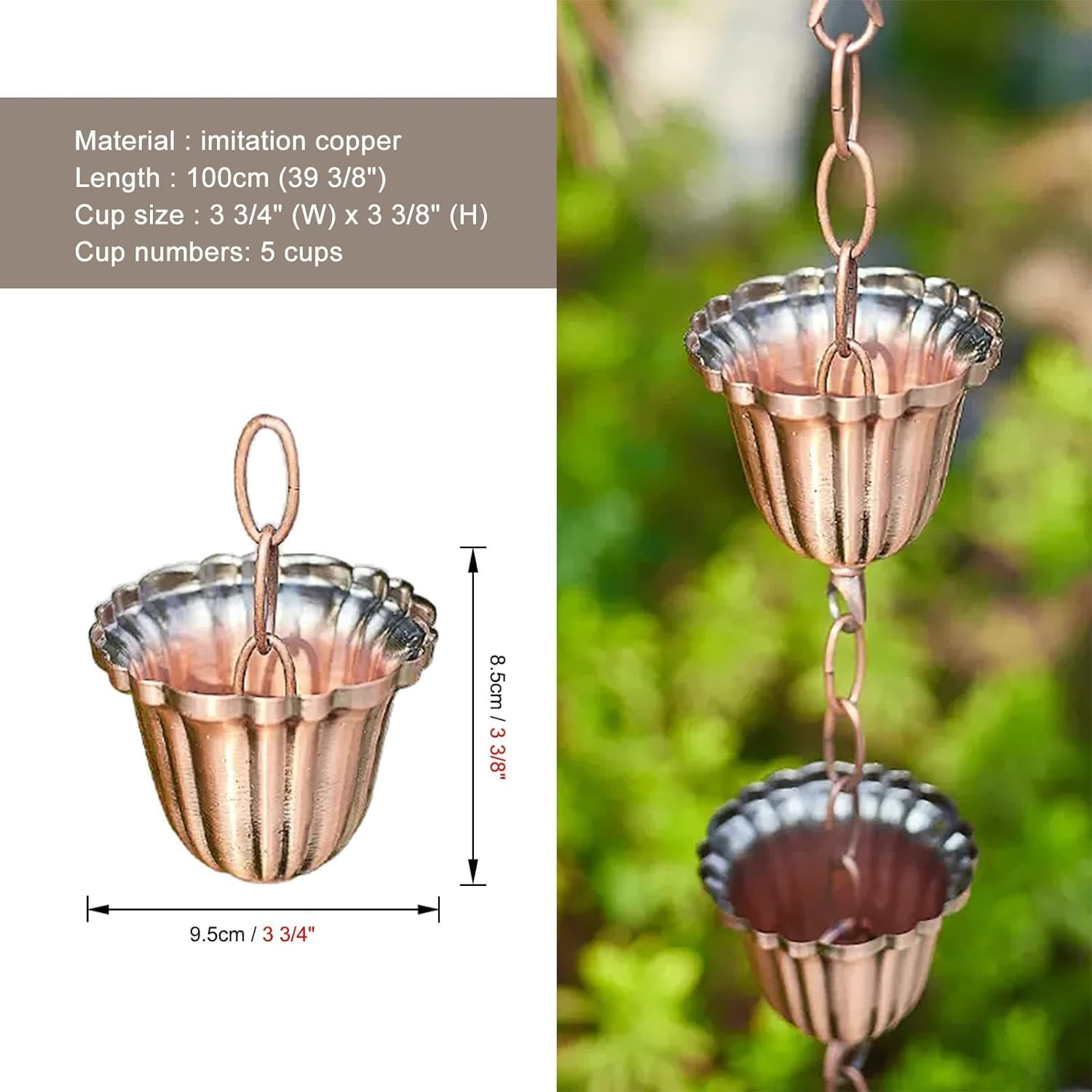 Rain Chain Eaves Drainage Rain Chain Guttering, Rainwater Catch Chain for Home and Garden Decor(Style1,100cm (3ft))