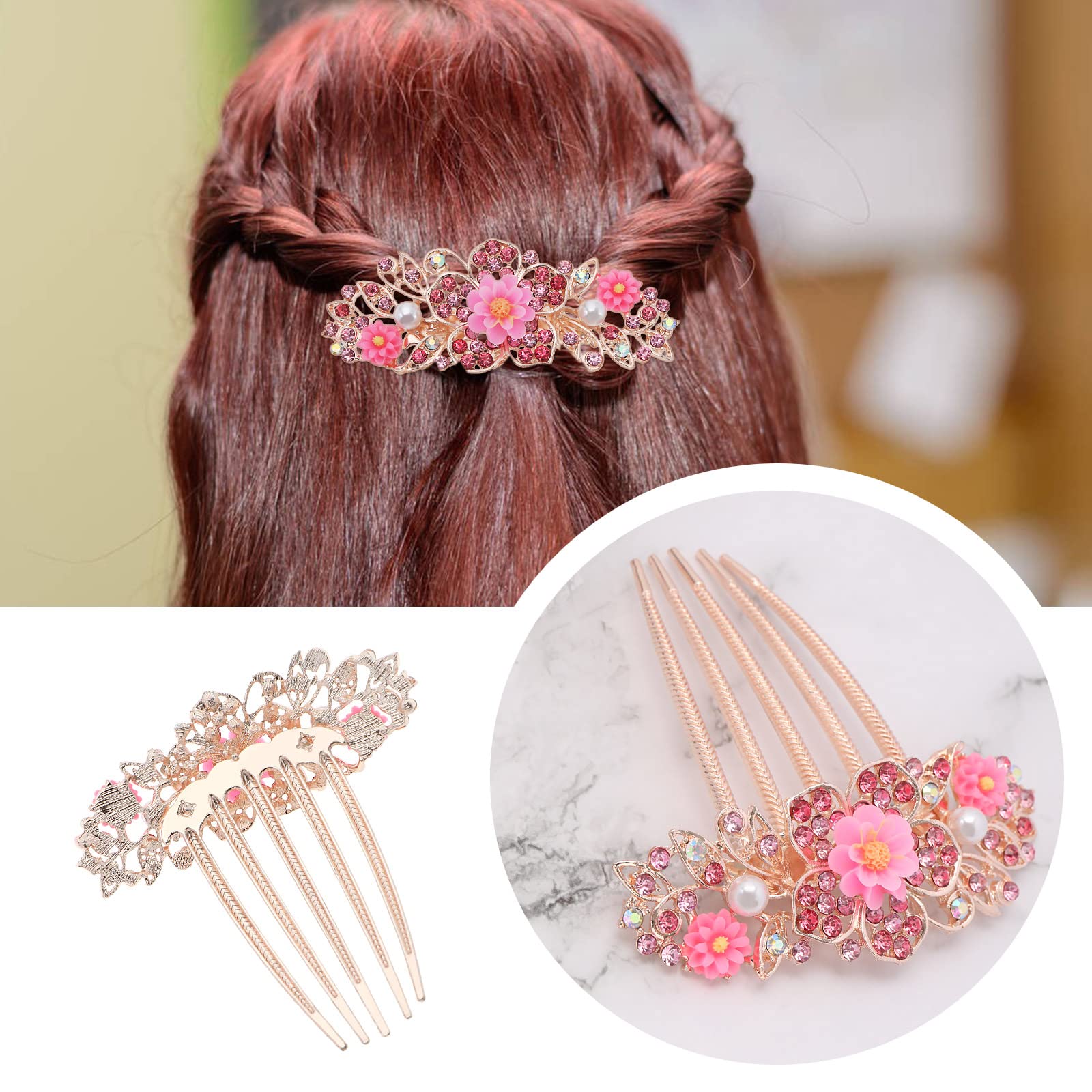 Create idea Flower Hair Comb Rhinestone Wedding Bride Headpiece Decorative Hair Accessories for Wedding Bridal French Twist Bun Full Updos Low Bun Hairstyles Pink - Image 4