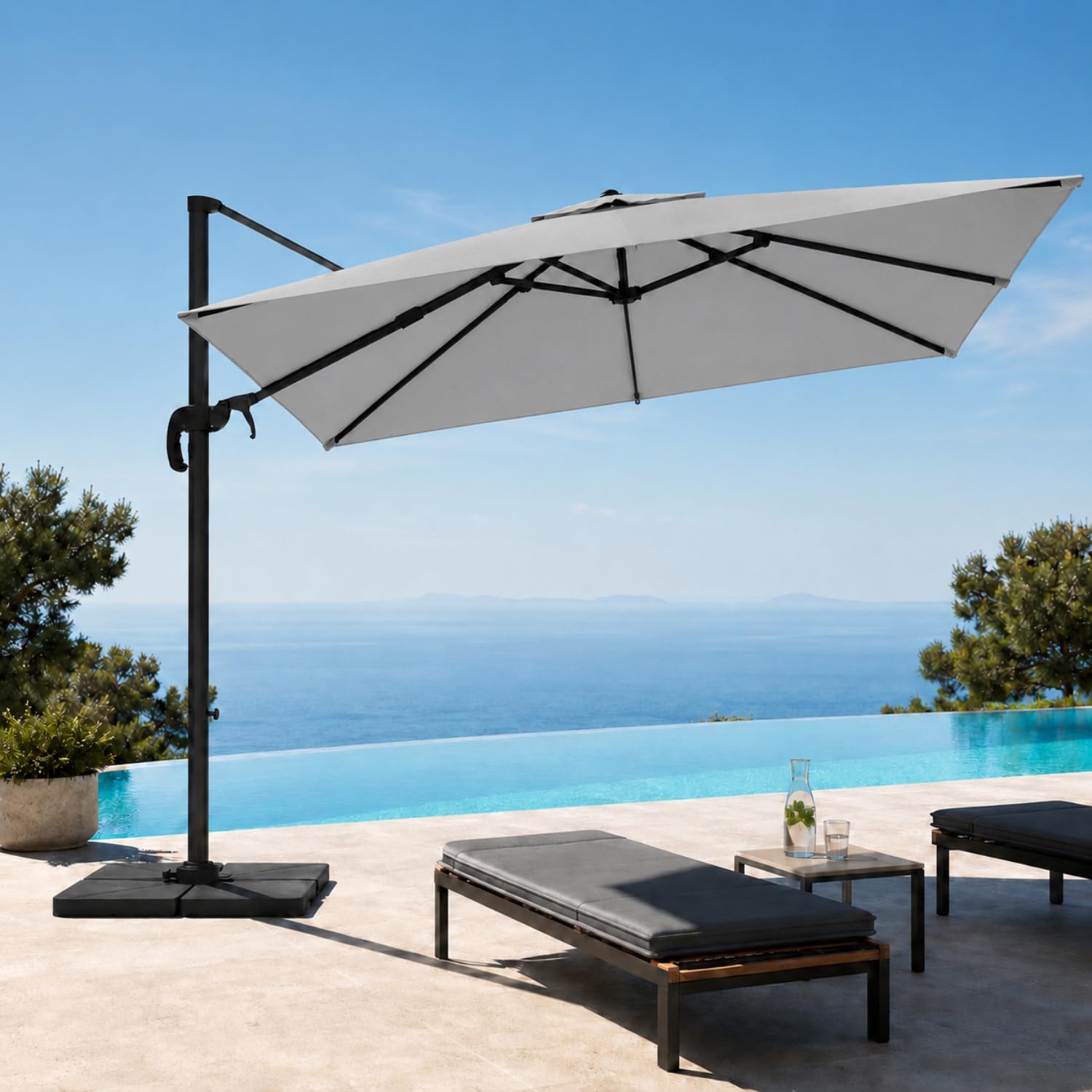 Ombrellone 3x3 M Giardino Braccio Retrattile Per Piscina Terrazze Bar Hotel In Acciaio Inossidabile Braccio Rotabile 360° Impermeabile Resistente Ai Raggi UV Grigio Chiaro