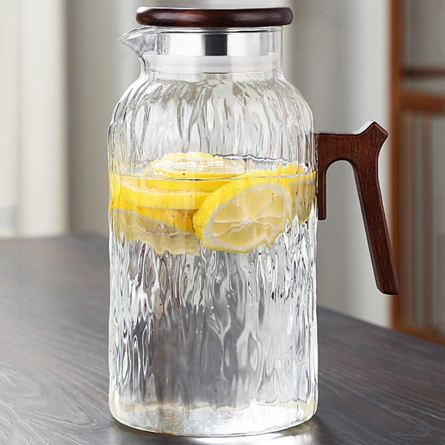 Glass Water Pitcher with Wooden Lid and Handle, Glass Carafe for Hot/Cold Water, Large Iced Tea Pitcher for Coffee, Juice and Homemade Beverage, 1.8 Liter/60oz