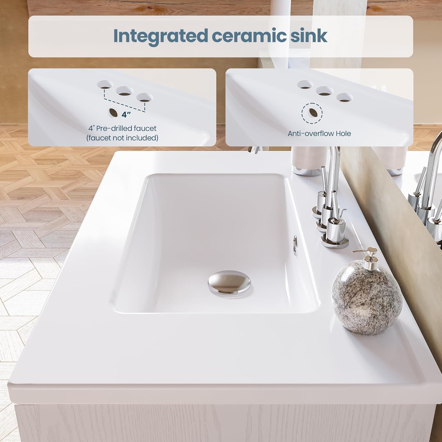 ANCTOR 30 Inch Bathroom Vanity with Integrated Ceramic Sink, Farmhouse Single Sink Bathroom Vanity, Tip-Out Drawer & Adjustable Shelf (White)