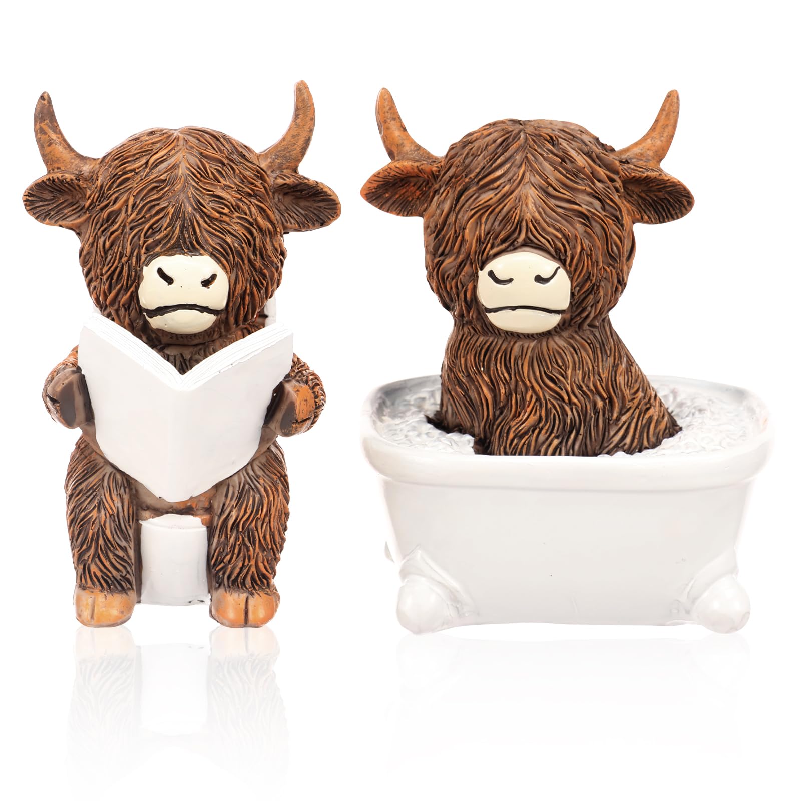 WAMEITF 2Pcs Highland Cow Ornaments, Bathroom Ornaments, Funny Scottish Highland Cattle Resin Statue, Calf Sitting On Toilet Ornament Bathing Cow Sculpture Decor for Office Kitchen Table
