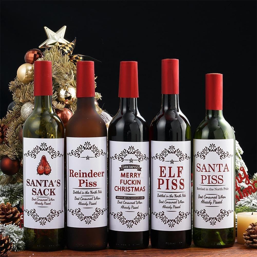 Étiquettes Humoristiques Pour Bouteille De Vin De Noël - Lot De 5 Autocollants Fantaisie Pour Cadeaux
