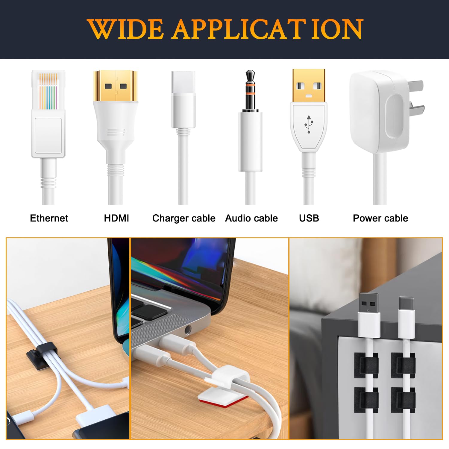 SOULWIT 50 Pcs Self Adhesive Cable Management Clips, Cable Organizers Sticky Wire Clips Cord Holder for TV PC Laptop Ethernet Cable Desktop Home Office (Black) 3