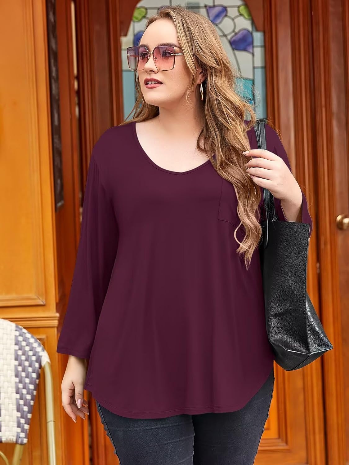 BELAROI Womens Plus Size Tunic Tops 3/4 Sleeve V Neck T Shirts Basic Tee Loose Blouses with Pocket - Image 5