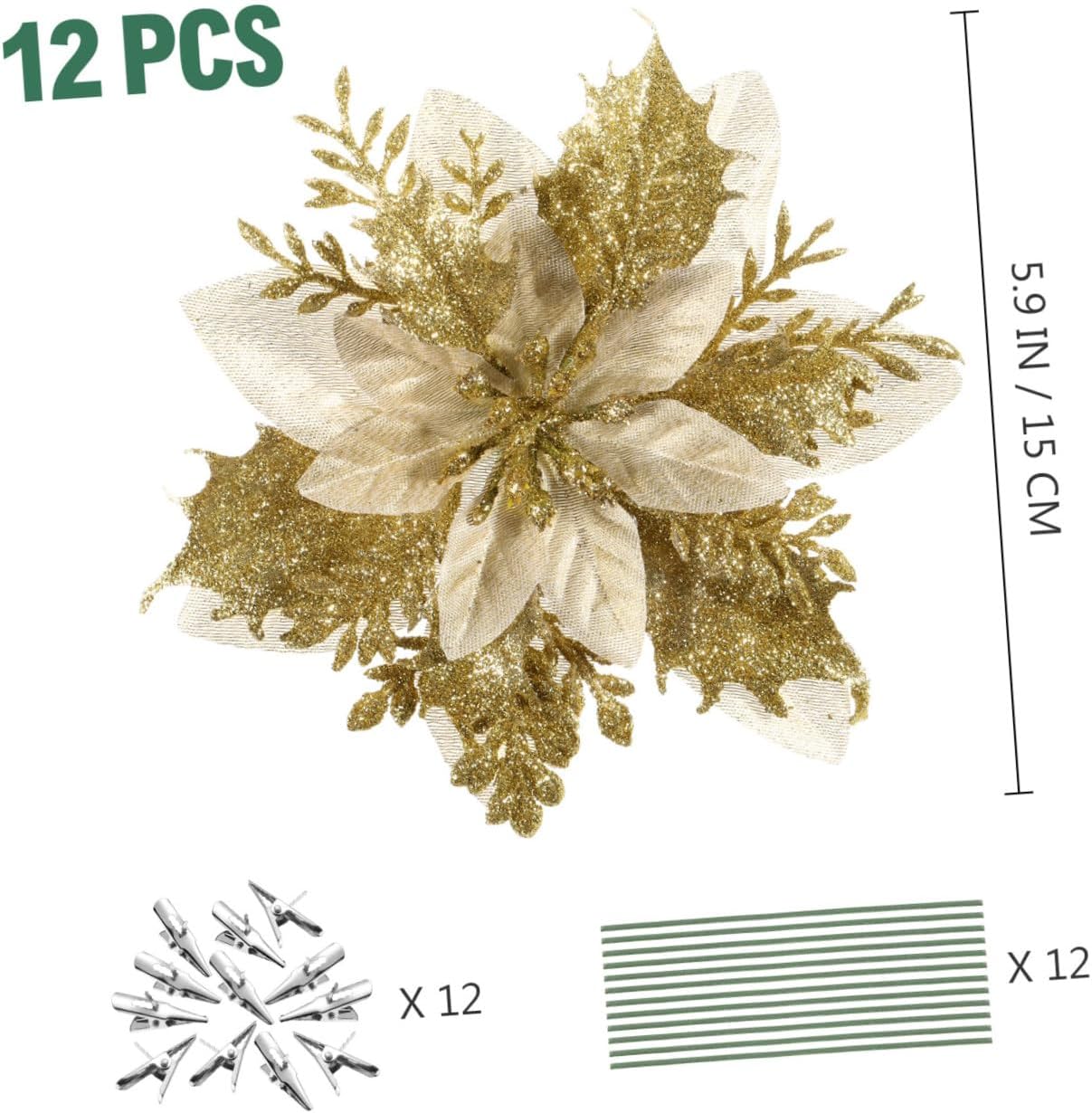 NUOBESTY Artificial Poinsettia Christmas Flowers, Gold Artificial Glitter Poinsettia Flowers Christmas Tree for s Wedding Party Wreath with Stems and Clips 12pcs