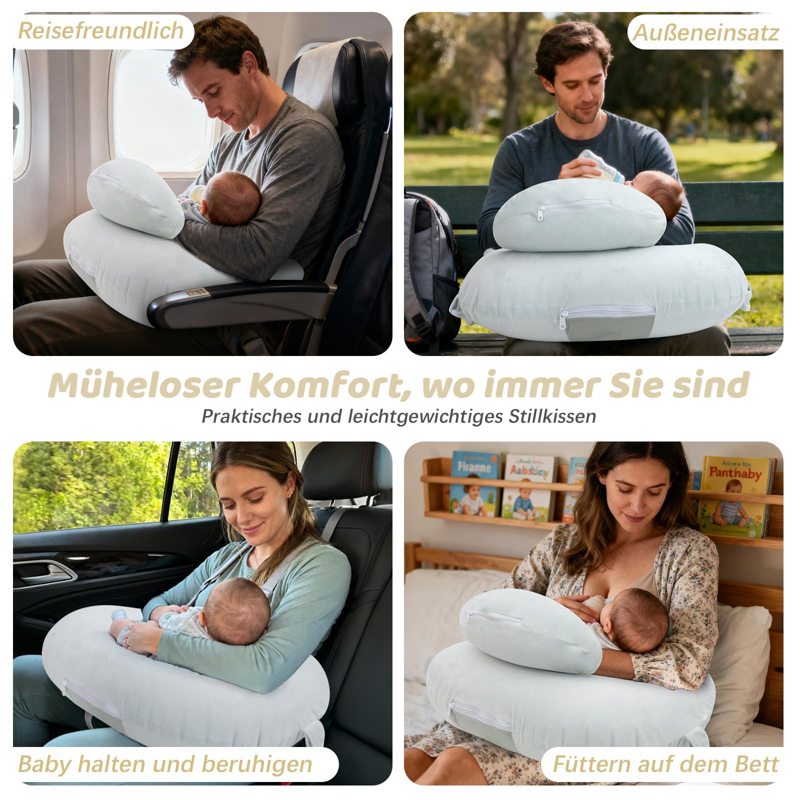 Kleines Stillkissen, Aufblasbares Stillkissen Mond Ideal für Reisen, Nursing Pillow mit Gurt für Rückenentlastung Unterstützt, Stillen und Flaschenfütterung (Grün)